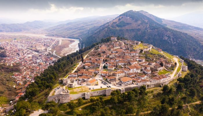 Aerial photo of Albanian city Berat with view of castle walls and tiled roofs of houses.; Shutterstock ID 2162255879; purchase_order: -; job: -; client: -; other: -